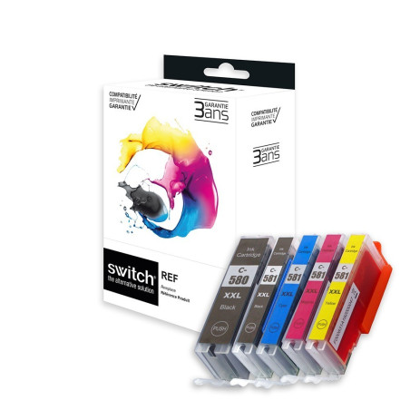 SWITCH Canon C580/581XXL Pack x 5 compatible avec PGI580PGBKXXL, CLI581XXL - Noir Cyan Magenta Jaune Photo